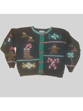 Y2K Christmas Kitsch Gingerbread Gumdrop Candy Button Cardigan Sweater Loft L VT